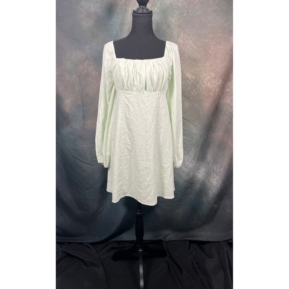 GB Mint Green Linen Blend Puff Sleeve Mini Dress Square Neck Womens Medium